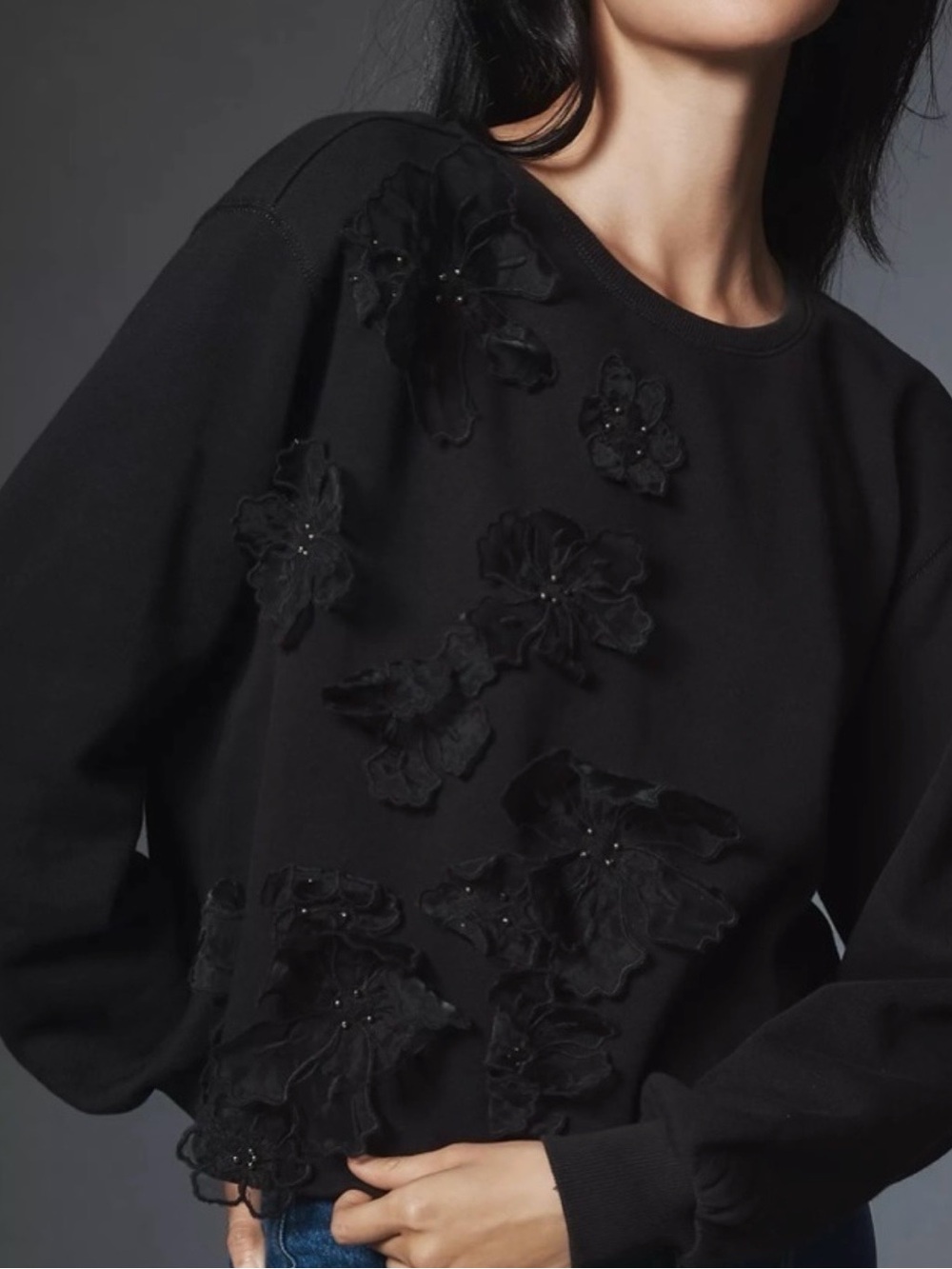 ANTHROPOLOGIE Sweatshirt Black 3D Floral Applique Pullover Fairy Grunge Size XS